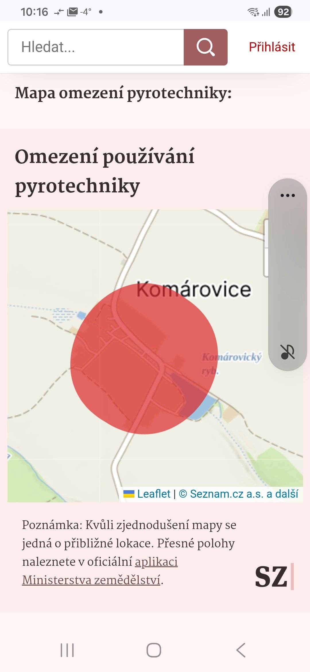 Na základě vyhlášky MZ zakazujici používání pyrotechniky v obcich a městech ČR přikládám mapku se zákazem oblasti v Komárovicich.