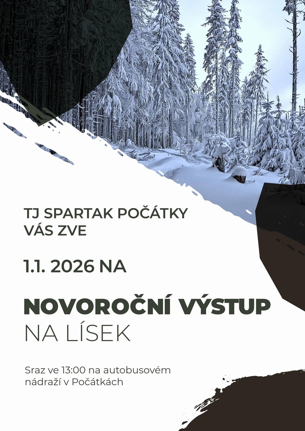 Tělovýchovná jednota Spartak Počátky z. s. pořádá Novoroční výstup na Lísek.  Sraz 1.1.2026 ve 13:00 hod. na autobusovém nádraží v Počátkách. Výstup na vrchol Lísku 759,8 m. n. m.