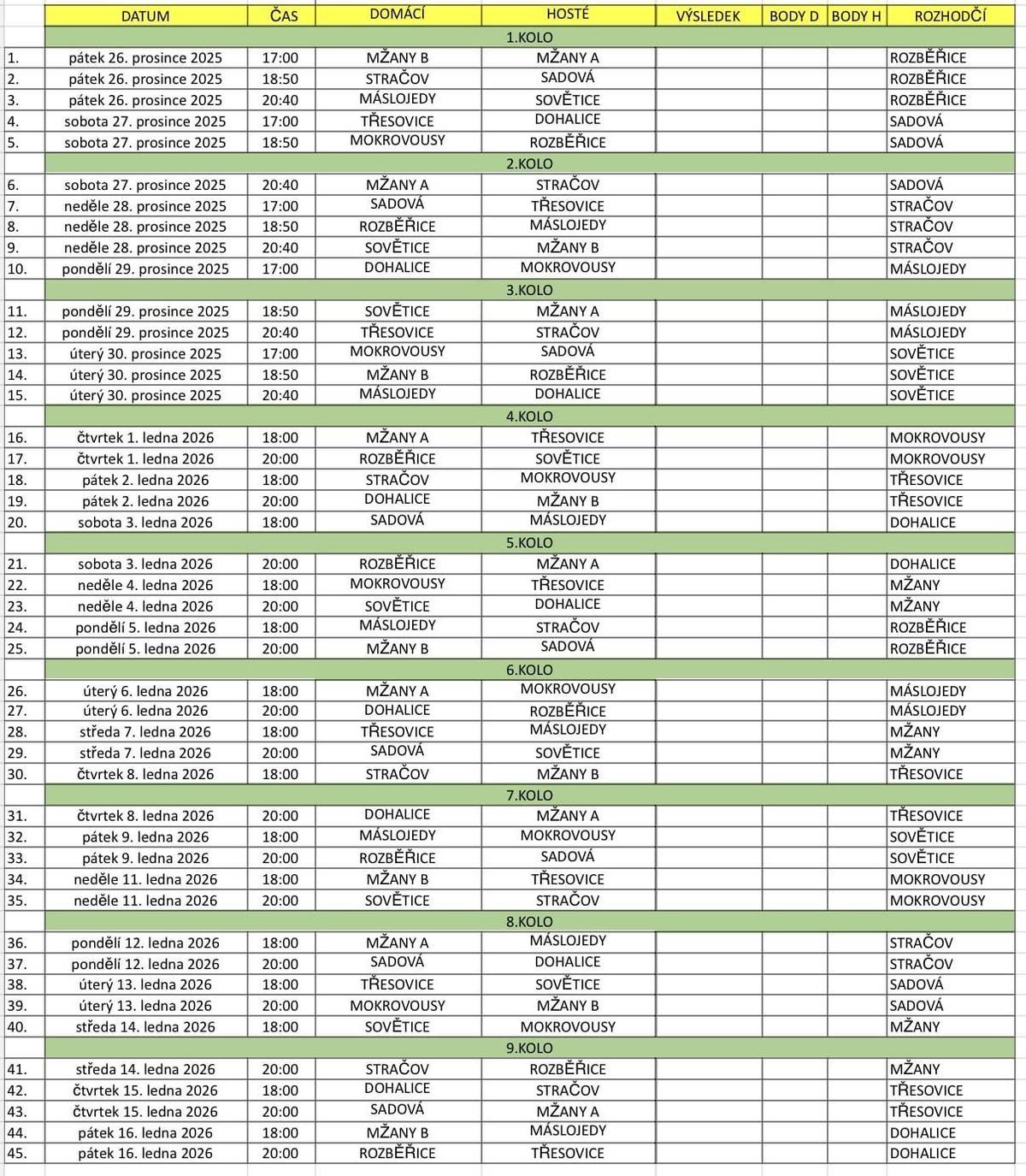 Rozlosování základní části OHL Lindr Mžany pro letošní rok 2025/2026.  Přijďte podpořit naše hráče z Třesovic.