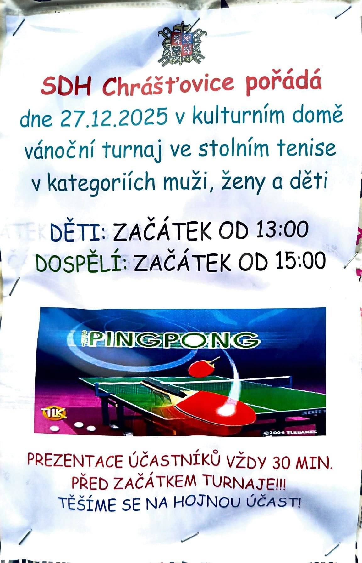 SDH Chrášťovice pořádá 27.12. turnaj ve stolním tenise v kategoriích muži, ženy, děti. Děti - začátek od 13 hod, dospělí - začátek od 15 hod. Prezentace účastníků vždy 30 min před začátkem turnaje. Konec roku s Cervezou - 28.12. od 20  hod v sále KD. Sraz na silvestrovskou procházku je ve 13 hod u kapličky.