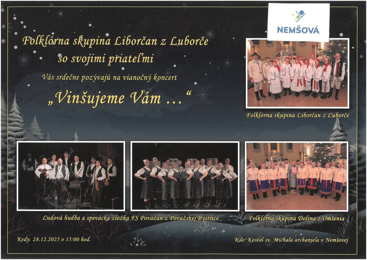 🎻...v kostole na vianočnom koncerte Folklórnej skupiny Liborčan a jeho hostí...  🗓Kedy: 28.12.2025 o 15:00 hod. ⛪Kde: Kostol sv. Michala archanjela v Nemšovej
