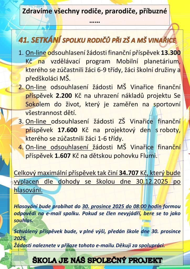 41. setkání Spolku rodičů při ZŠ a MŠ Vinařice