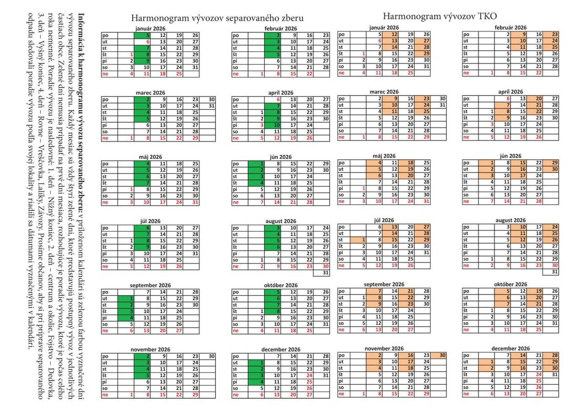 Prinášame vám prehľad harmonogramu vývozu komunálneho odpadu a separovaného zberu v obci Oščadnica na rok 2026. Dokument je dostupný vo formáte PDF na vytlačenie a zároveň je súčasťou tlačených Oščadnických novín, ktoré boli distribuované do domácností.