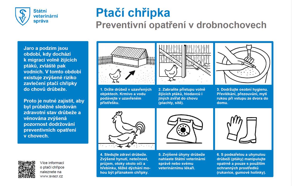 Státní veterinární správa doporučuje v období migrace ptáků držet drůbež v uzavřených objektech a zamezit jejímu kontaktu s volně žijícími zvířaty. Při manipulaci s chovem dbejte na zvýšenou hygienu a jakékoli podezřelé úhyny ihned hlaste veterináři.