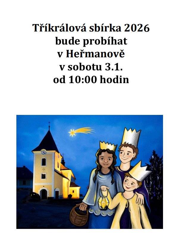 Tříkrálová sbírka bude probíhat v Heřmanově již v sobotu 3.1.2026.