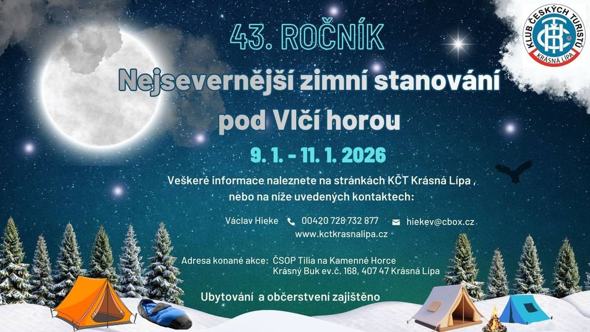 Zveme vás na "Nejsevernější zimní stanování pod Vlčí horou". Noc venku, zimní příroda a společný zážitek, který spojuje. Přijďte s námi strávit čas tam, kde je sever opravdu cítit.