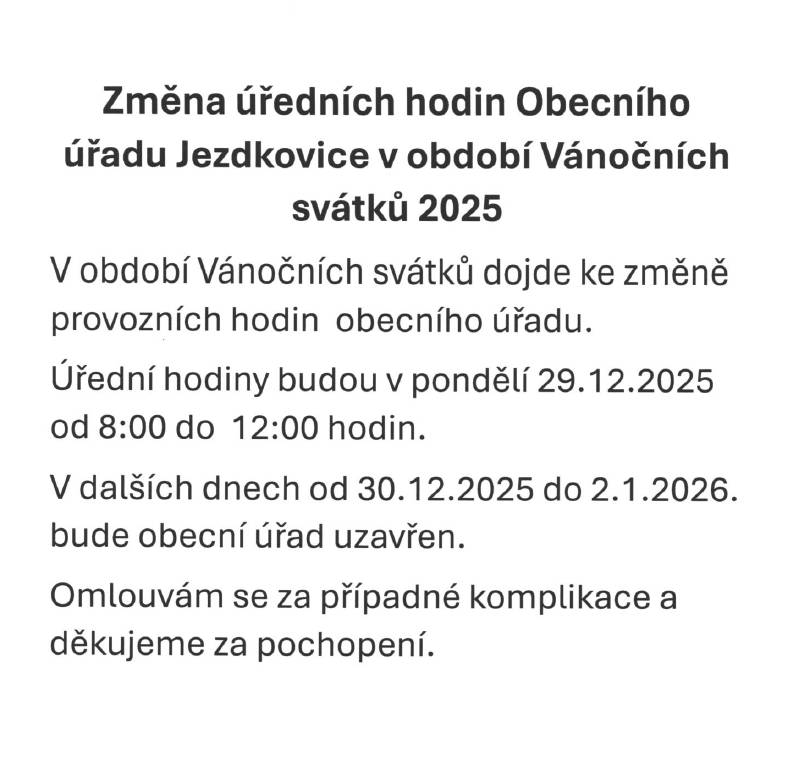 Změna úředních hodin v období Vánočních svátků