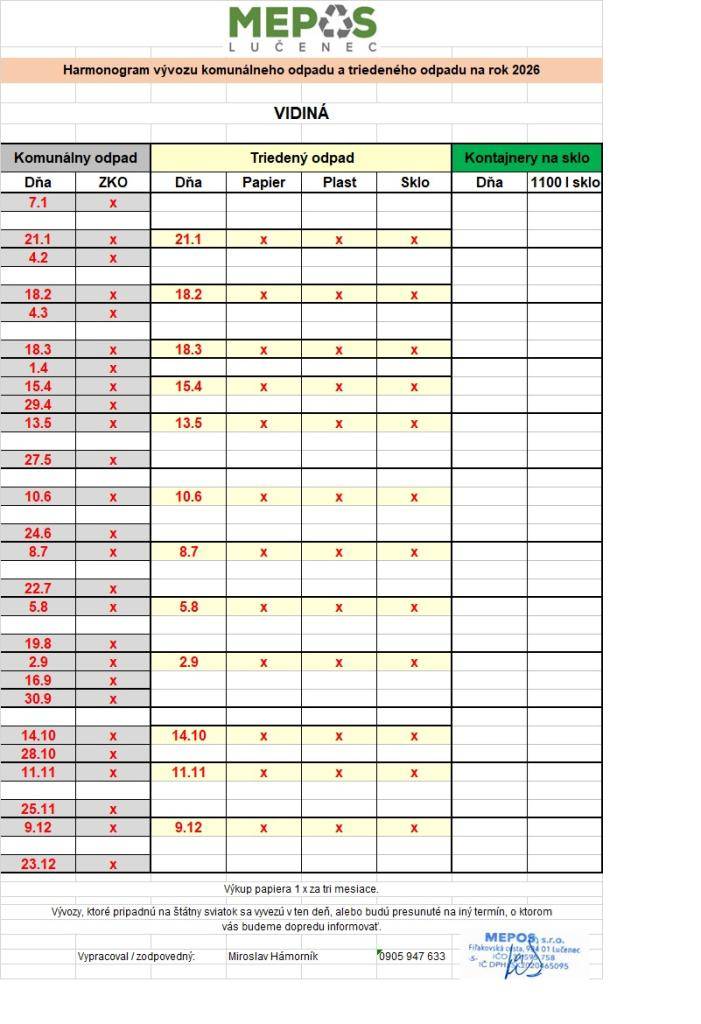 HARMONOGRAM VÝVOZU KOMUNÁLNEHO ODPADU A TRIEDENÉHO ODPADU NA ROK 2026