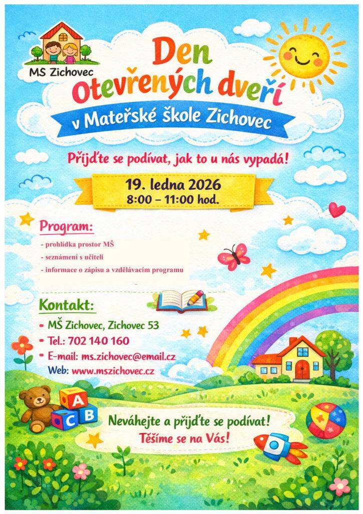 Mateřská škola Zichovec Vás zve na den otevřených dveří.