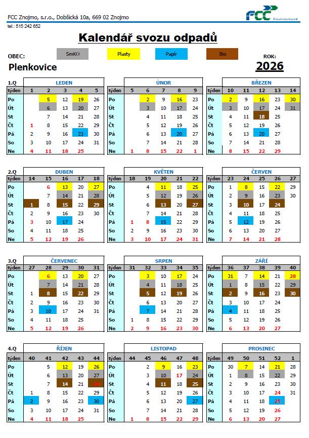 Kalendář svozu odpadů na rok 2026