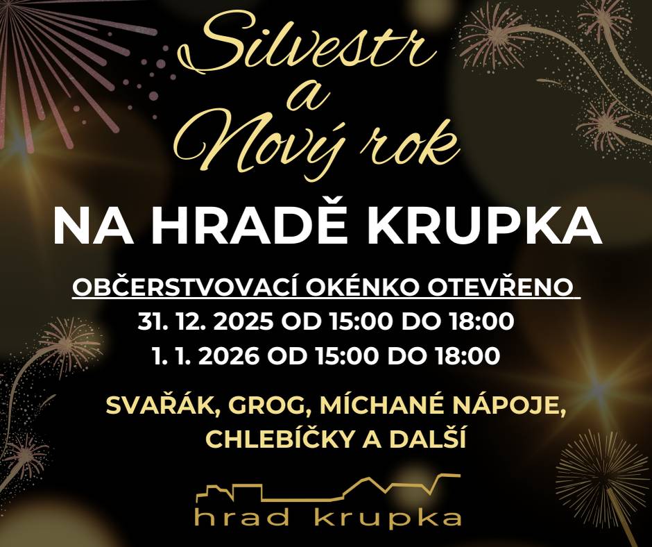Občerstvovací okénko na Hrad Krupka bude otevřeno 31. 12. 2025 a 1. 1. 2026, oba dny od 15:00 do 18:00. Těšit se můžete na svařák, grog, míchané nápoje, chlebíčky a další sortiment. Přijďte si s námi připít na příchod nového roku!