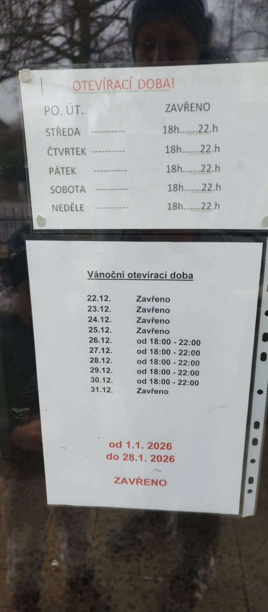 Otevírací doba místní hospůdky během svátků a na začátku nového roku 2026.