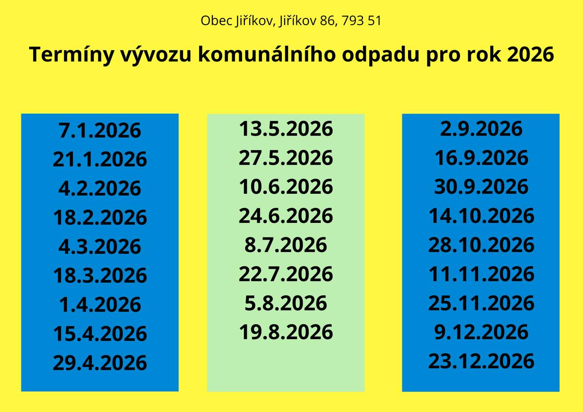 I v roce 2026 zůstávají stejné intervaly vývozu popelnic se směsným komunálním odpadem, a to každou sudou středu. Jednotlivé termíny najdete také v posledním vydání Zpráv z konce světa a na vývěskách ve všech místních částech.