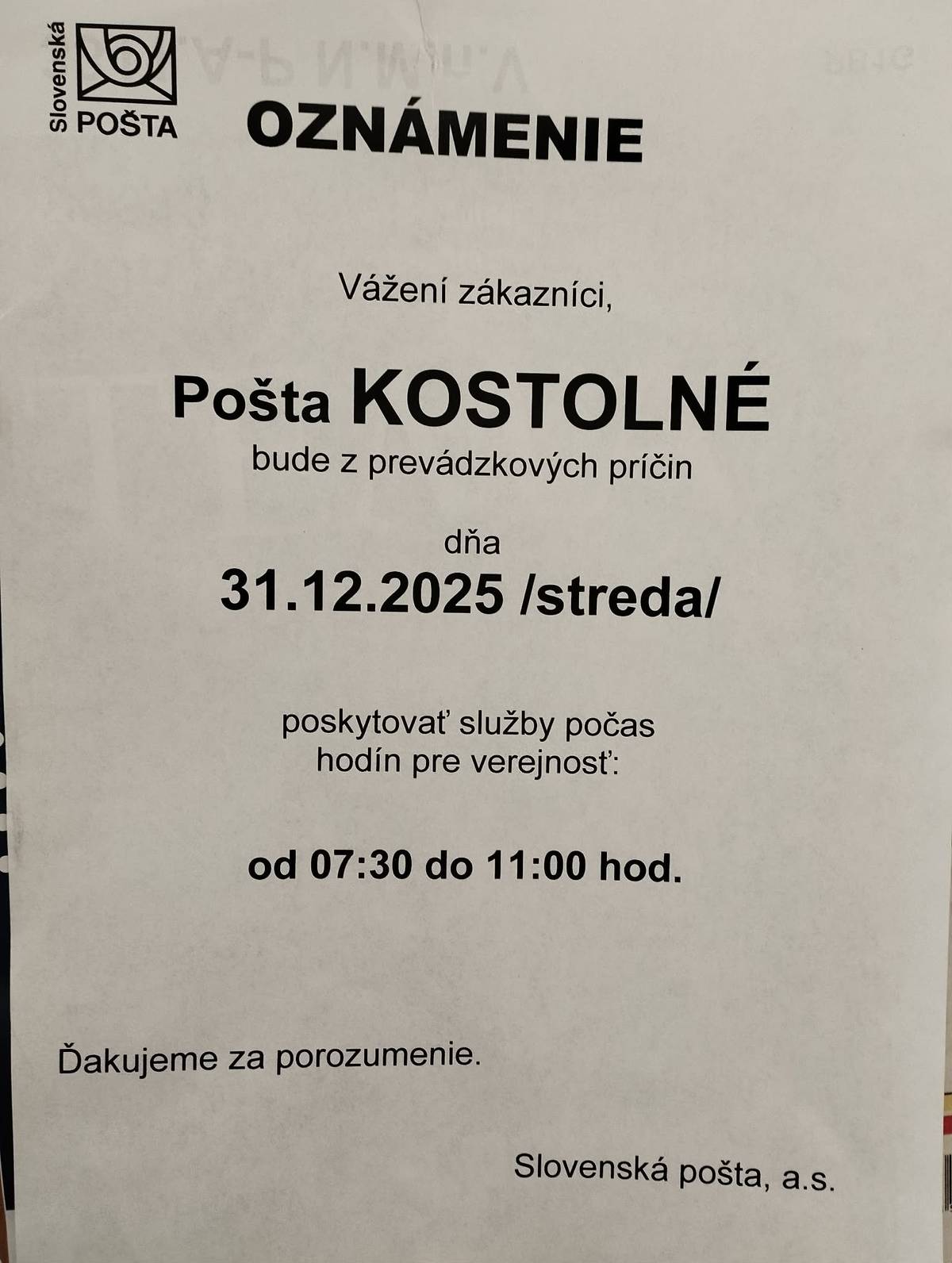 OZNAM: Pošta Kostolné