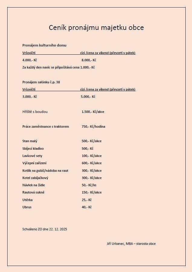 Ceník pronájmu majetku obce pro rok 2026