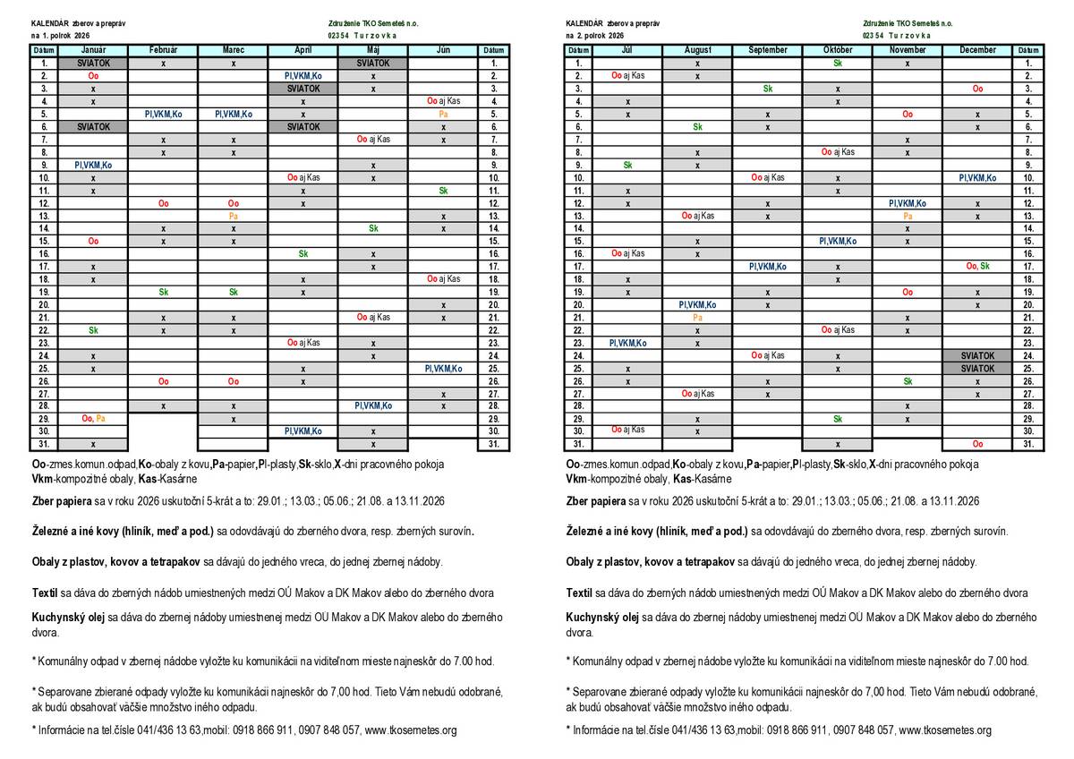 Kalendár zberov v Makove pre rok 2026 - Združenie TKO Semeteš. n. o.