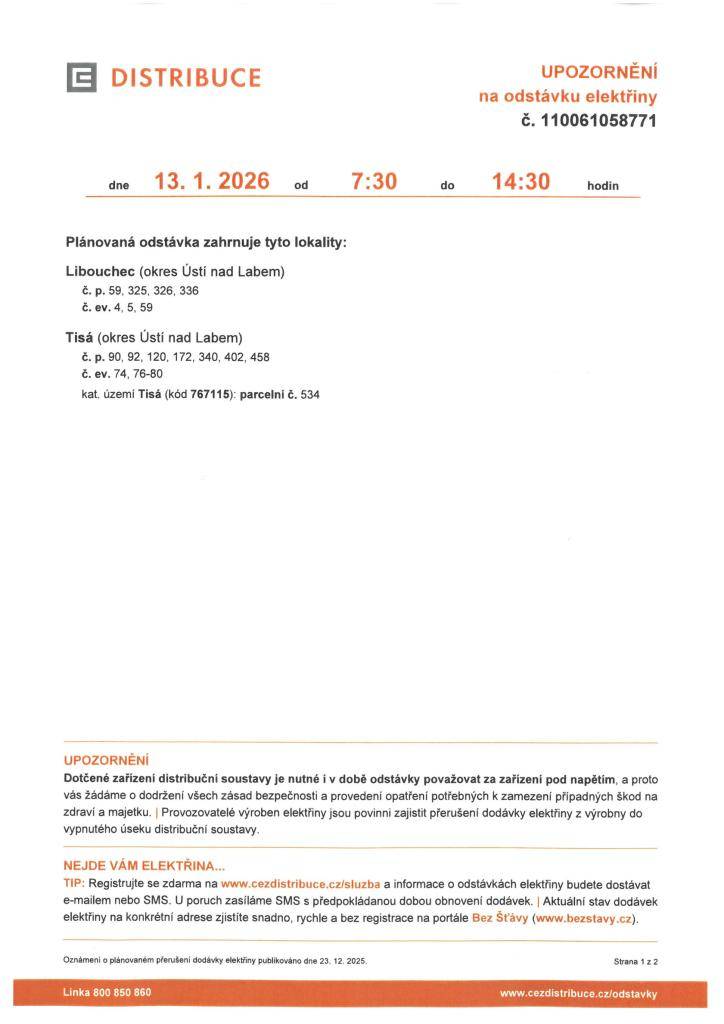 Oznámení o plánovaném přerušení dodávky elektrické energie dne 13.1.2026