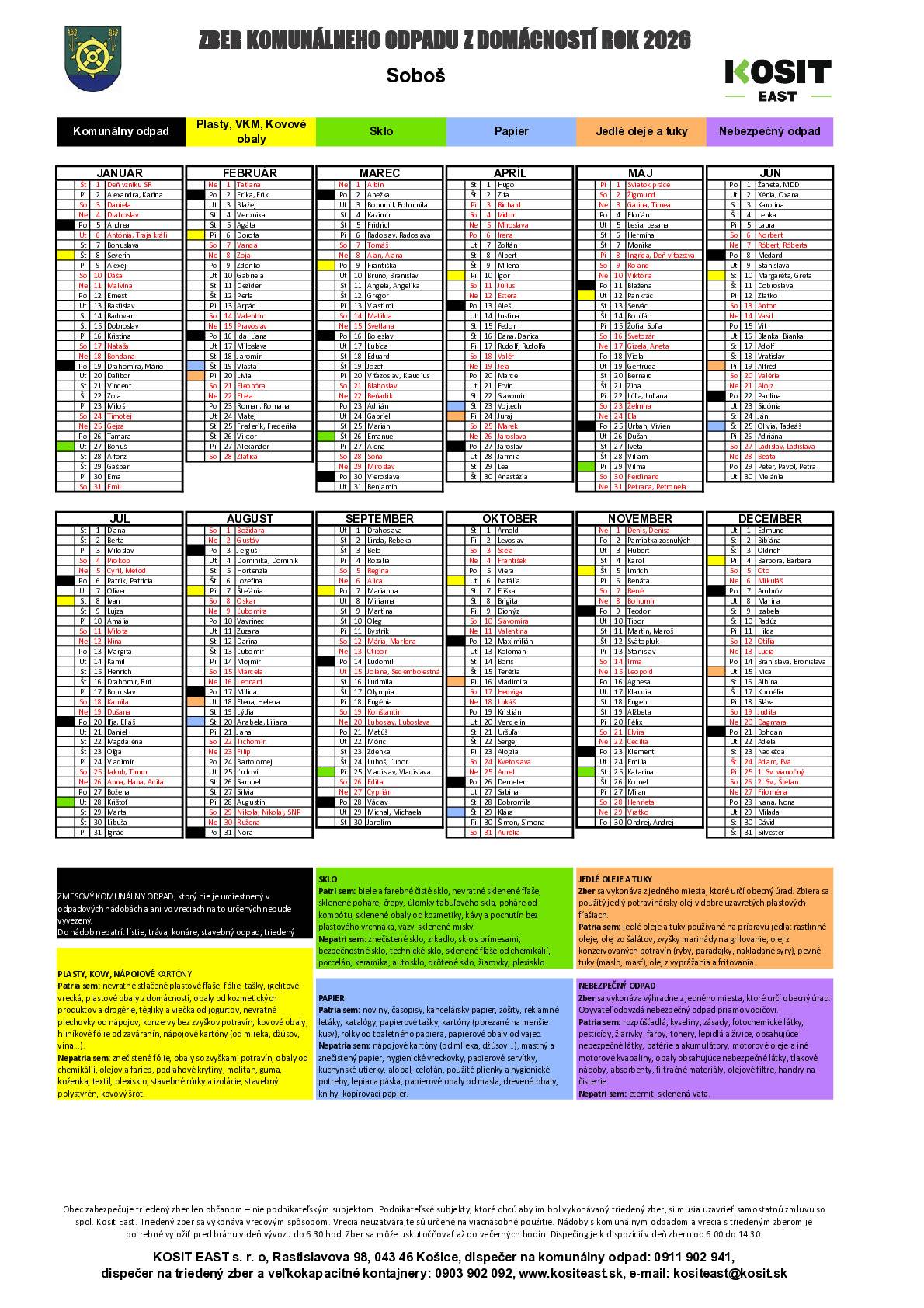 Harmonogram vývozu 2026