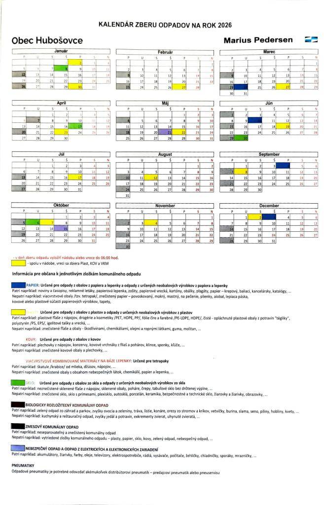 Kalendár zberu odpadov na rok 2026