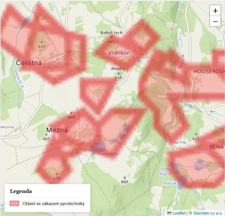 Upozorňujeme občany i návštěvníky obou obcí (Mezná i Vratišov) na zákaz odpalování zábavní pyrotechniky, který platí od začátku prosince. Zákaz se vztahuje na používání veškeré zábavní pyrotechniky mimo zákonem povolené výjimky. Žádáme veřejnost, aby toto nařízení respektovala. Zakázané oblasti jsou vyznačeny na přiložené fotografii. Děkujeme.