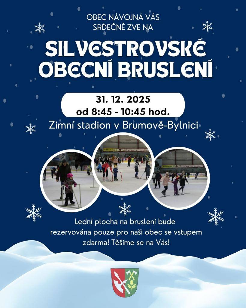 Srdečně zveme všechny občany Návojné na Silvestrovské obecní bruslení, které se koná 31. 12. 2025 od 8:45 do 10:45 hodin. Akce proběhne na zimním stadionu v Brumově-Bylnici, kde bude lední plocha rezervována pouze pro naši obec, vstup je zdarma.
