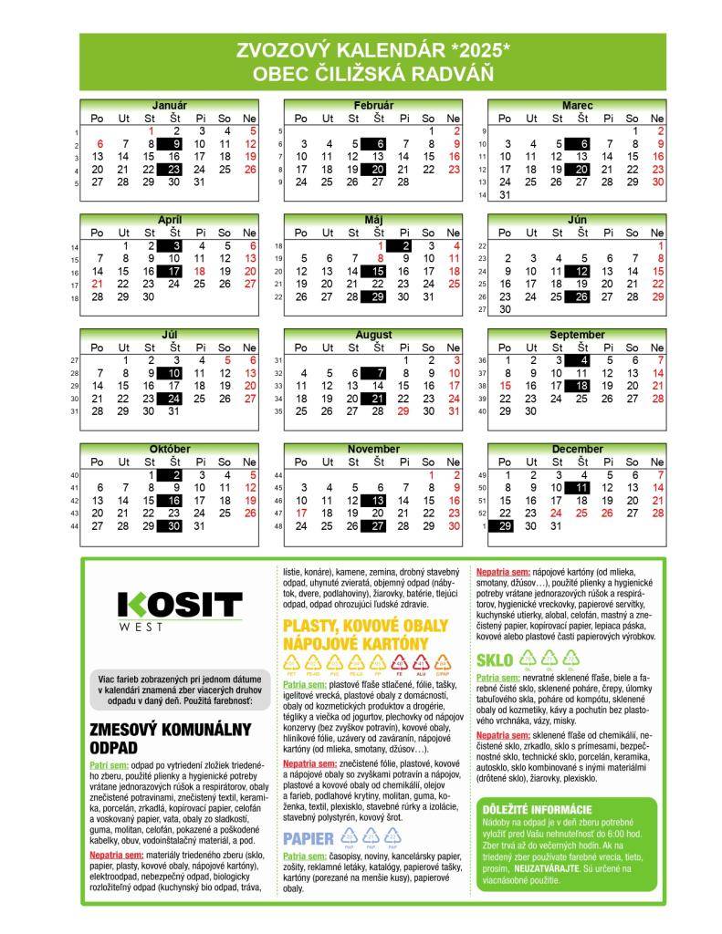 Harmonogram zberu komunálneho odpadu v roku 2025