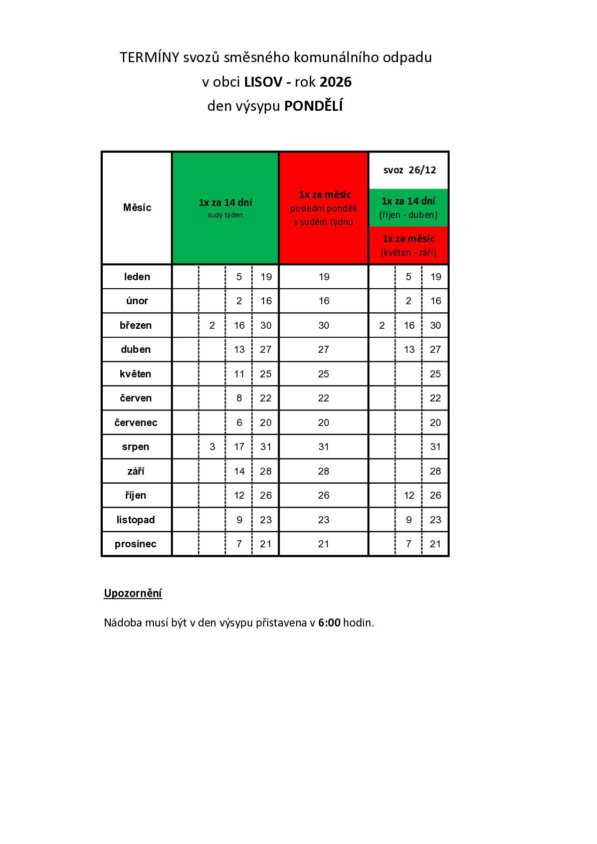Termíny svozů odpadu 2026
