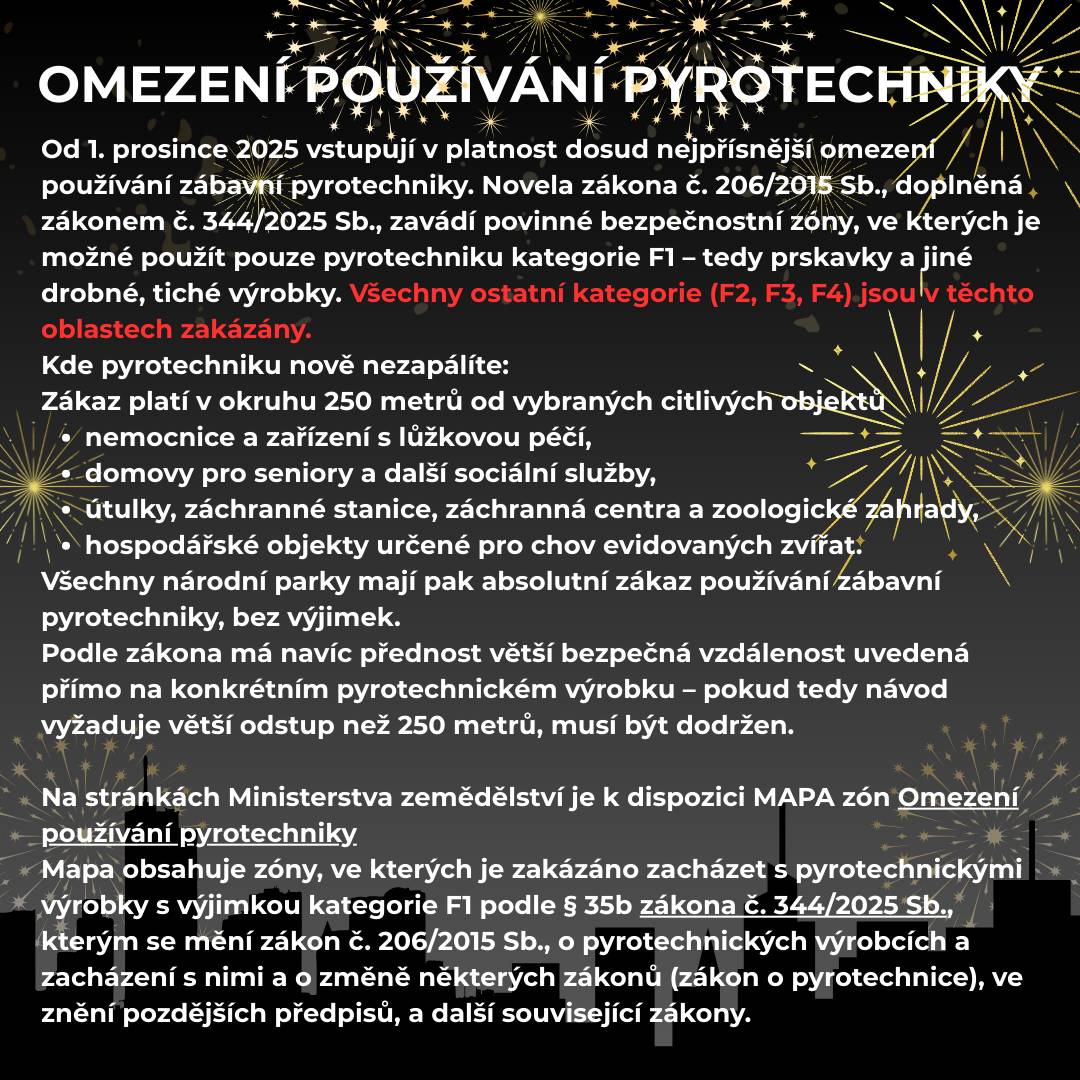 Od 1. prosince 2025 vstupují v platnost dosud nejpřísnější omezení používání zábavní pyrotechniky. Novela zákona č. 206/2015 Sb., doplněná zákonem č. 344/2025 Sb., zavádí povinné bezpečnostní zóny, ve kterých je možné použít pouze pyrotechniku kategorie F1 – tedy prskavky a jiné drobné, tiché výrobky. Všechny ostatní kategorie (F2, F3, F4) jsou v těchto oblastech zakázány. Kde pyrotechniku nově nezapálíte: Zákaz platí v okruhu 250 metrů od vybraných citlivých objektů  nemocnice a zařízení s lůžkovou péčí, domovy pro seniory a další sociální služby, útulky, záchranné stanice, záchranná centra a zoologické zahrady, hospodářské objekty určené pro chov evidovaných zvířat.  Všechny národní parky mají pak absolutní zákaz používání zábavní pyrotechniky, bez výjimek. Podle zákona má navíc přednost větší bezpečná vzdálenost uvedená přímo na konkrétním pyrotechnickém výrobku – pokud tedy návod vyžaduje větší odstup než 250 metrů, musí být dodržen. Na stránkách Ministerstva zemědělství je k dispozici MAPA zón Omezení používání pyrotechniky Mapa obsahuje zóny, ve kterých je zakázáno zacházet s pyrotechnickými výrobky s výjimkou kategorie F1 podle § 35b zákona č. 344/2025 Sb., kterým se mění zákon č. 206/2015 Sb., o pyrotechnických výrobcích a zacházení s nimi a o změně některých zákonů (zákon o pyrotechnice), ve znění pozdějších předpisů, a další související zákony.