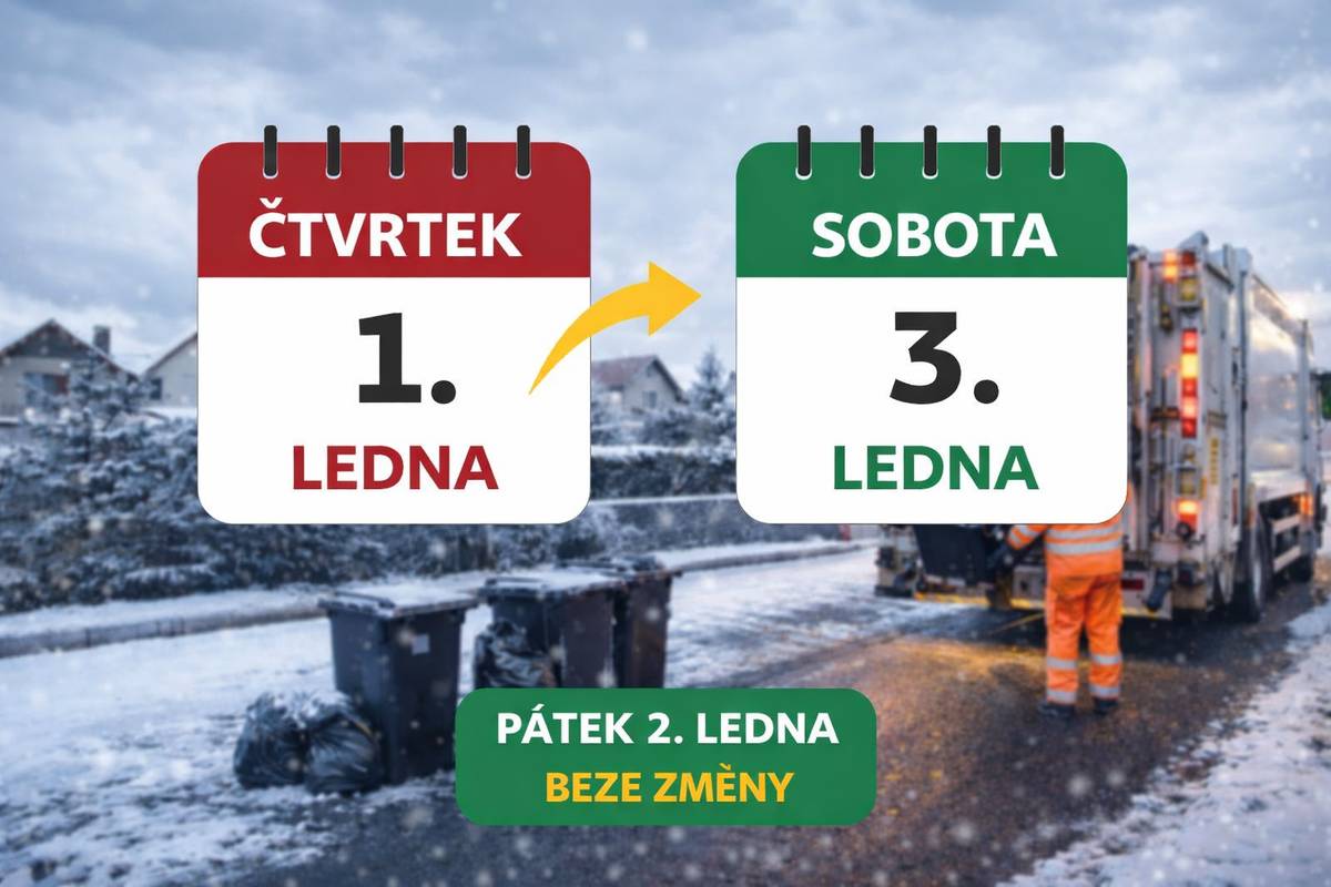 Upozorňujeme na změnu harmonogramu svozu směsného odpadu (černé popelnice a pytle) v souvislosti se státním svátkem. Svoz, který měl být původně realizován ve čtvrtek 1. ledna (Nový rok), bude výjimečně proveden v sobotu 3. ledna, a to od brzkých ranních hodin. Páteční svoz v pátek 2. ledna proběhne beze změn. Žádáme občany, aby si nádoby a pytle připravili včas k odvozu. Děkujeme za pochopení a spolupráci.