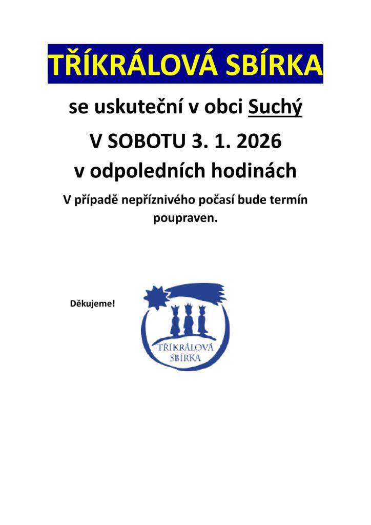 Tříkrálová sbírka se uskuteční v sobotu 3.1.2026.