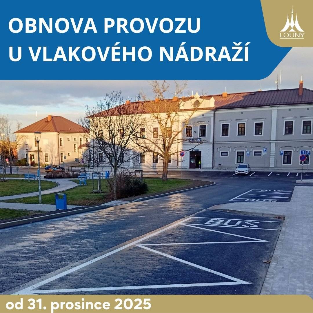 Vážení občané města Louny, chtěli bychom vás informovat o obnově provozu u vlakového nádraží v ulici Husova. 🗣    Dne 30. prosince 2025 ⏰ bylo vydáno rozhodnutí o předčasném užívání komunikace a od 31. prosince 2025 bude MAD opět zajíždět k nádražní budově. 🚉 Dnes ráno budou zrušeny provizorní autobusové zastávky a odstraněno bude i přechodné dopravní značení.
