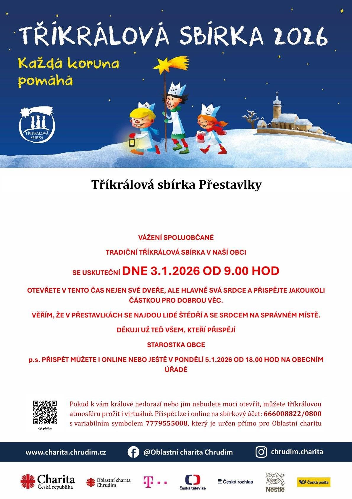 Tříkrálová sbírka v obci tentokrát 3.1.2026 od 9.00 hod.