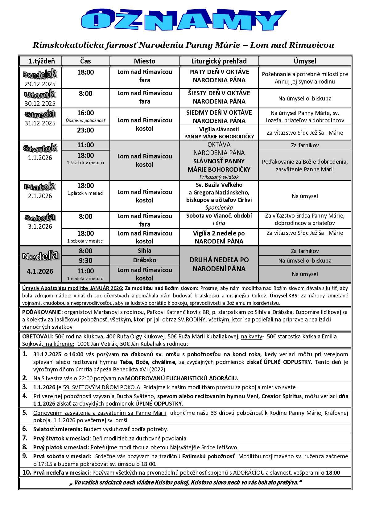 Farské oznamy 1. týždeň