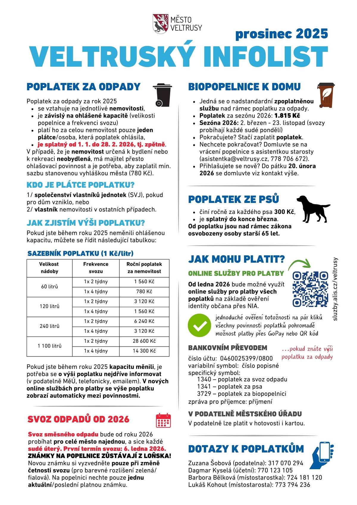 Vážení občané, během dnešního dne bude dokončen roznos infolistu do vašich schránek, kde najdete  aktuální informace ke svozu odpadů od nového roku, nový svozový kalendář, informace k platbě poplatků, nová pravidla pro používání pyrotechniky, informace o úpravě parkovného na třech městských parkovištích i pozvánku na divadelní zájezd a další městské akce.  Z důvodu technických komplikací prosíme o odložení plateb místních poplatků až na druhý lednový týden. Online platby jsou v tuto chvíli v testovacím režimu, o plném spuštění této nové služby vás budeme včas informovat. Budeme rádi, pokud následně upřednostníte právě online platbu před osobní návštěvou podatelny.  Užijte si poslední den v roce a ať je nový rok přesně podle vašich představ! Vedení města Veltrusy