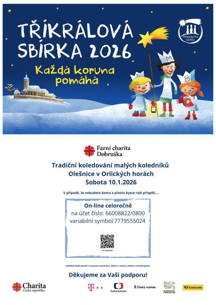 DNE 10.1.2026 V SOBOTU U NÁS BUDE PROBÍHAT TRADIČNÍ TŘÍKRÁLOVÁ SBÍRKA  DĚKUJEME VÁM ZA PODPORU