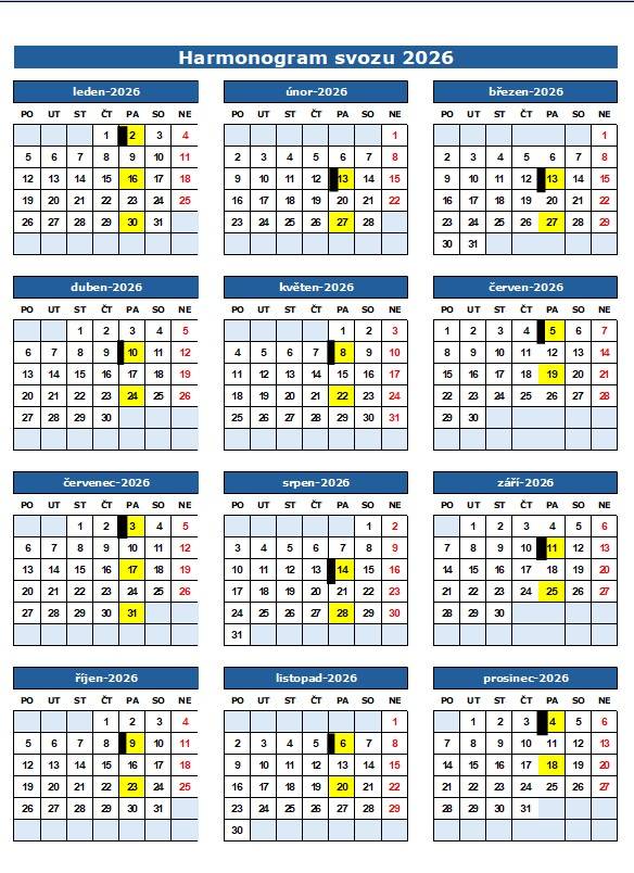 12 svozů známka - každý první lichý týden v měsíci  26 svozů známka - každý lichý týde