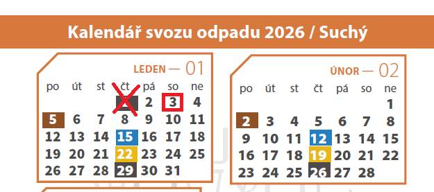 Oznámení pro občany  Upozorňujeme občany na změnu termínu svozu komunálního odpadu.  Dne 1. 1. 2026 se svoz komunálního odpadu neuskuteční.  Náhradní svoz proběhne v sobotu 3. 1. 2026.    Děkujeme za pochopení
