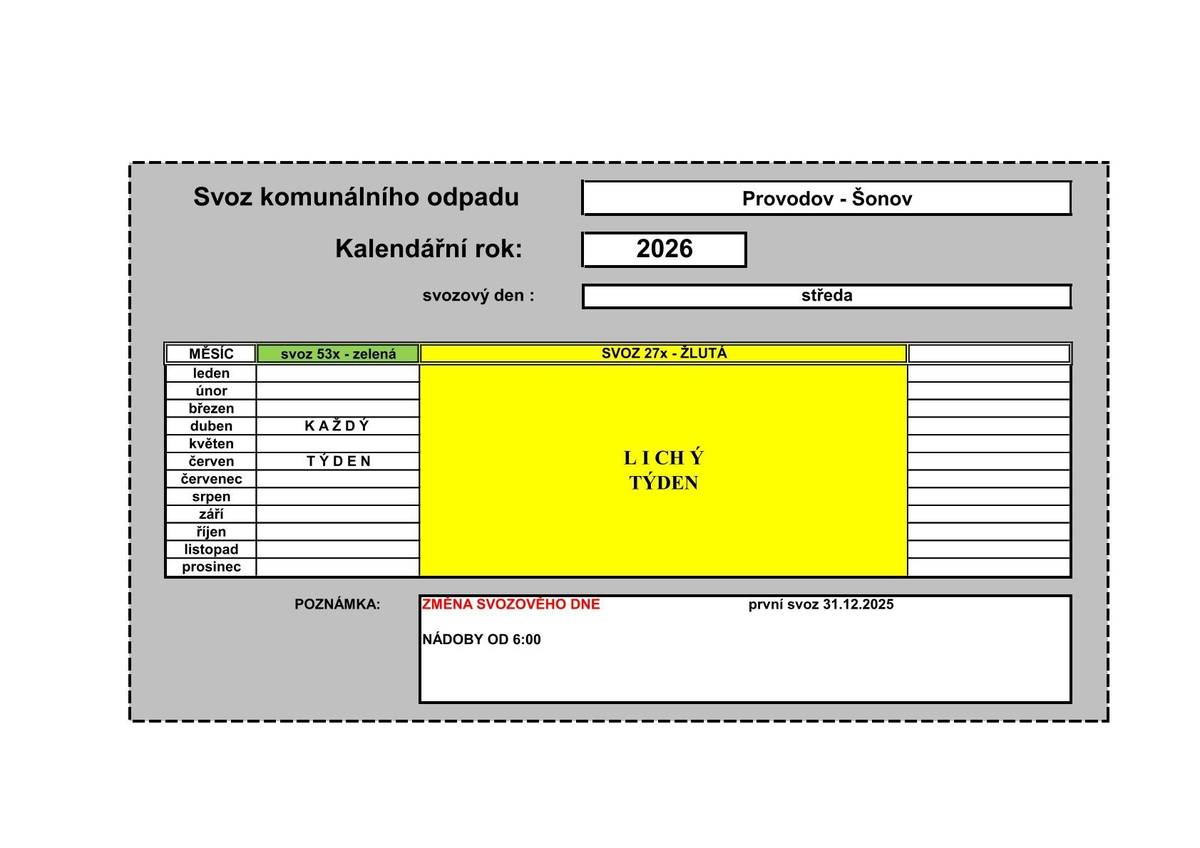 Vážení přátelé, opětovně informujeme o změnách ve svozu komunálního odpadu: 👉SVOZOVÝ DEN BUDE STŘEDA 👉PRVNÍ STŘEDEČNÍ SVOZ BUDE 31.12.2025 👉SVOZ BUDE 1x/14 DNÍ V LICHÉM TÝDNU Přejeme pohodový konec roku a úspěšný start toho nového👍. #obecprovodovsonov #aktuality