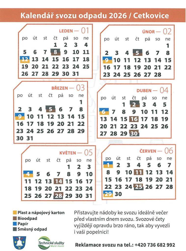 Kalendář svozu odpadů - I.pololetí 2026