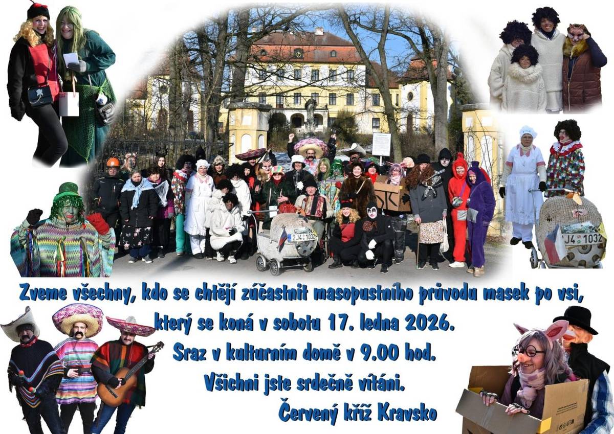Zveme všechny, kdo se chtějí zúčastnit masopustního průvodu masek po vsi, který se koná 17. ledna 2026