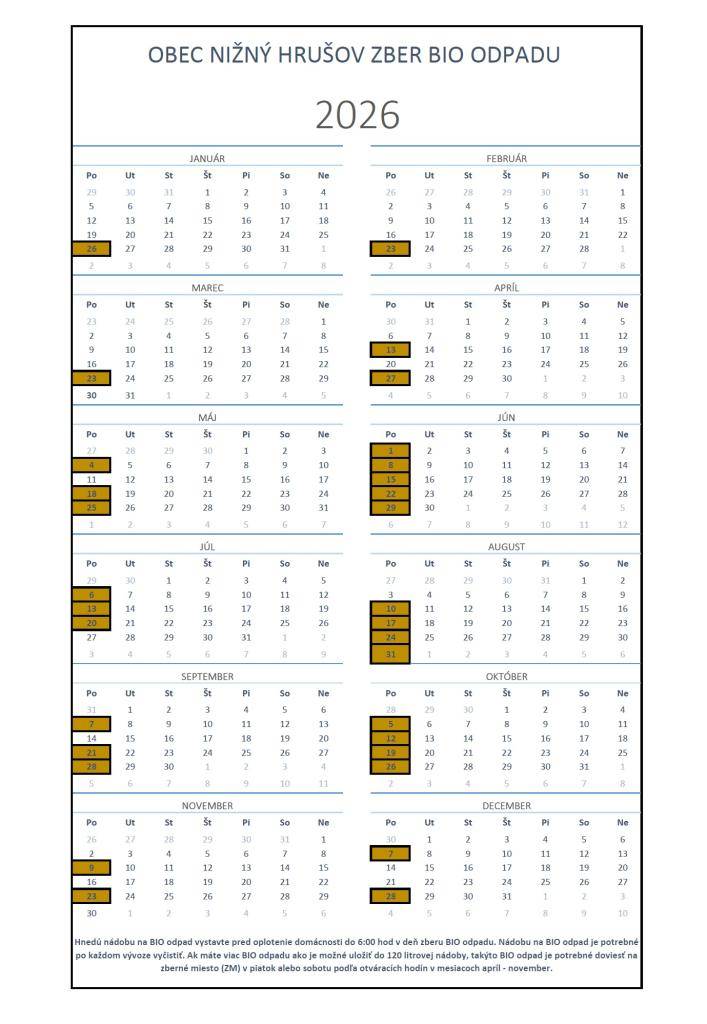 Kalendár zberu BIO ODPADU na rok 2026. Viac info tu.