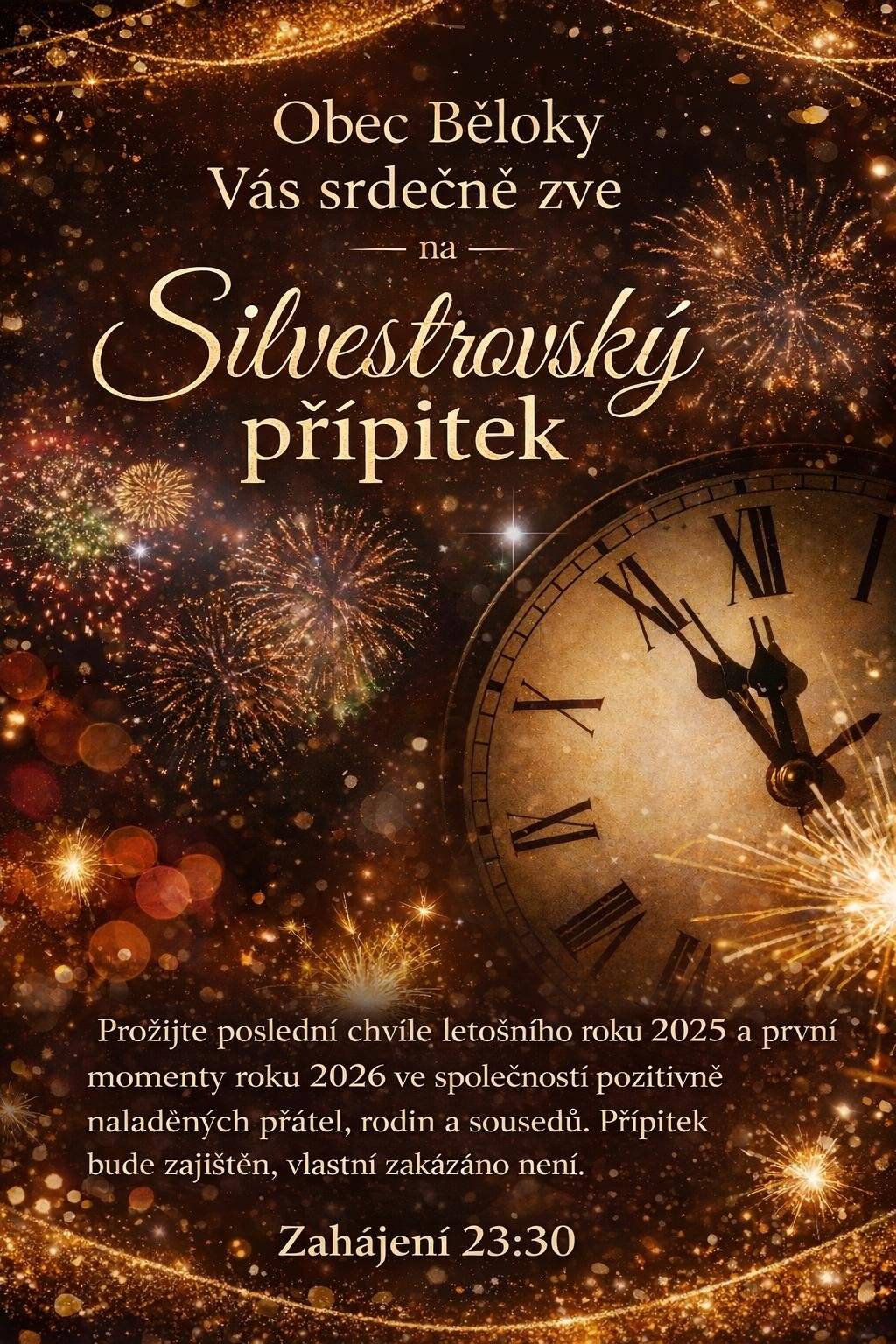 Vážení občané, srdečně Vás zveme na společné silvestrovské setkání a přípitek před obecním úřadem.