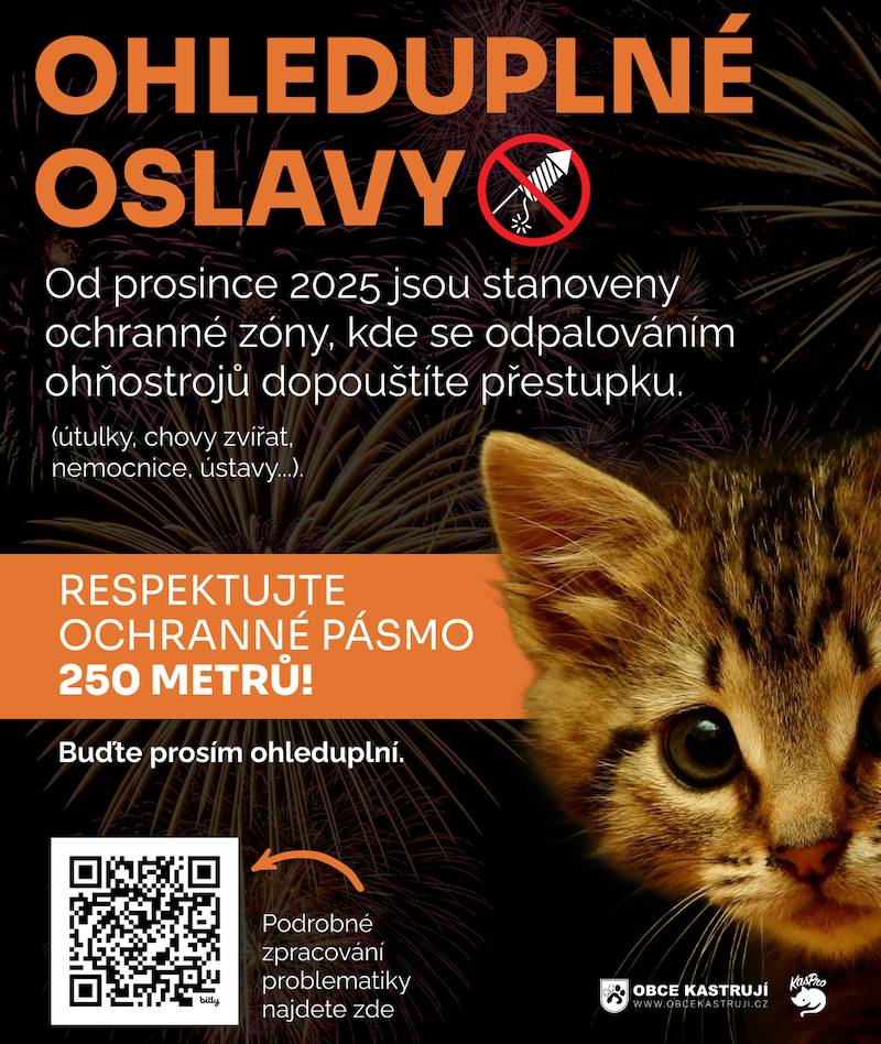 Od 1. prosince 2025 v Česku vstupují v účinnost nejpřísnější pravidla pro pyrotechniku v historii. I když úplný zákaz pyrotechniky pro veřejnost zatím přijat nebyl, vznikl pevný základ, který umožňuje obcím i státu reálně chránit zvířata a postupně posilovat trend bezpečnějších, tichých a ohleduplnějších oslav. Po aktualizaci zákona (1. prosince 2025 vstupuje v účinnost novela zákona č. 206/2015 Sb.), se situace útulků a chovů zásadně změnila a poprvé v historii dostaly praktické, okamžitě použitelné a právně vymahatelné nástroje, jak se proti ohňostrojům bránit. Základ je v tom, že každý útulek, záchranná stanice nebo registrovaný chov je dnes součástí oficiální evidence Ministerstva zemědělství, odkud se automaticky propisuje do celostátní mapy chráněných objektů. V této mapě je u každého zařízení vykresleno ochranné pásmo o poloměru 250 metrů, ve kterém je ze zákona zakázáno používat jakoukoli pyrotechniku nad kategorii F1. To znamená, že útulek už nemusí nic složitě dokazovat, přeměřovat nebo vyjednávat – ochranné pásmo je jasně vyznačené, veřejné a závazné pro občany, místní samosprávy i policii. V praxi to funguje velmi jednoduše: pokud někdo odpálí pyrotechniku v zakázané zóně, dopouští se přestupku. Policie ČR i městská policie mají mapu k dispozici, takže ihned vidí, že jde o chráněné území.  Pokud si nejste jisti, kde je ve vašem okolí zakázané pásmo, řešení je jednoduché - prostě si odpalování pyrotechiky odpusťte. Nic tím nezkazíte, nic neriskujete.