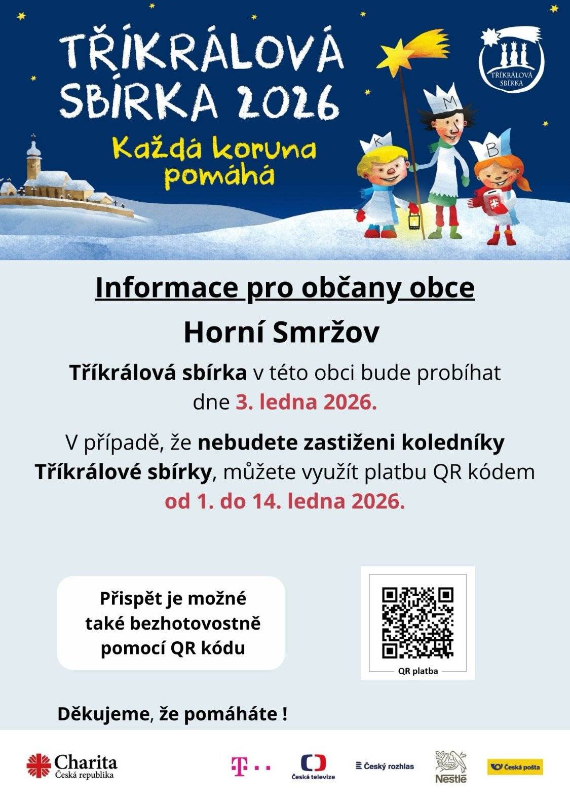 V sobotu 3. ledna 2026 proběhne v naší obci Tříkrálová sbírka.