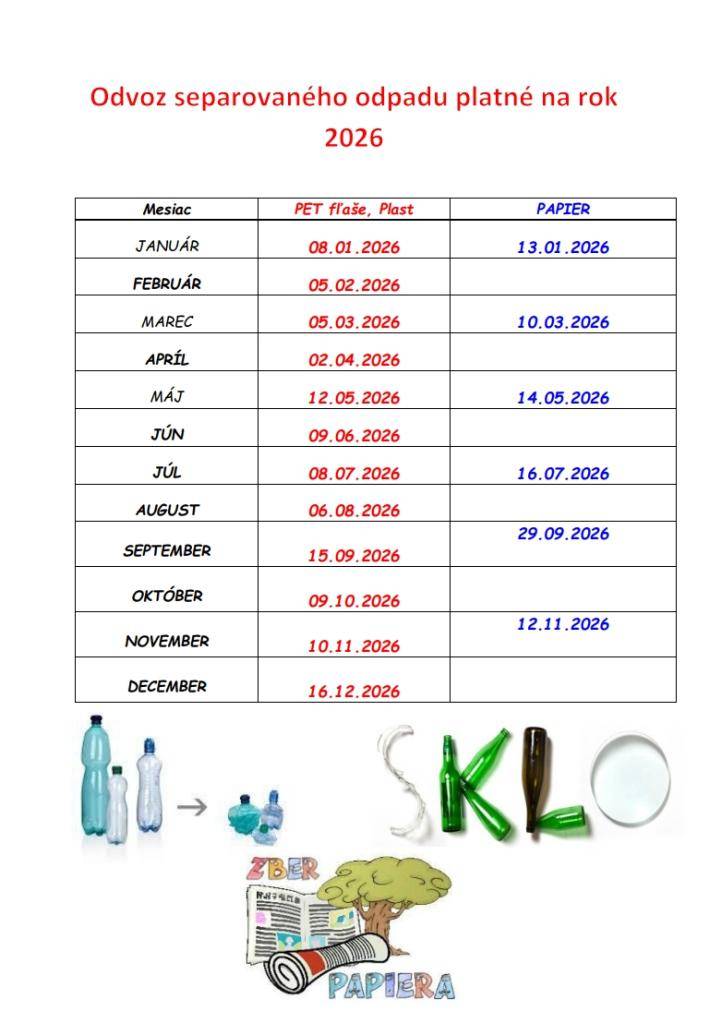 Odvoz separovaného odpadu platné na rok 2026 v zjednodušenej forme    Az osztályozott hulladékgyűjtés időpontjai a 2026 évre egyszerűsített változatba