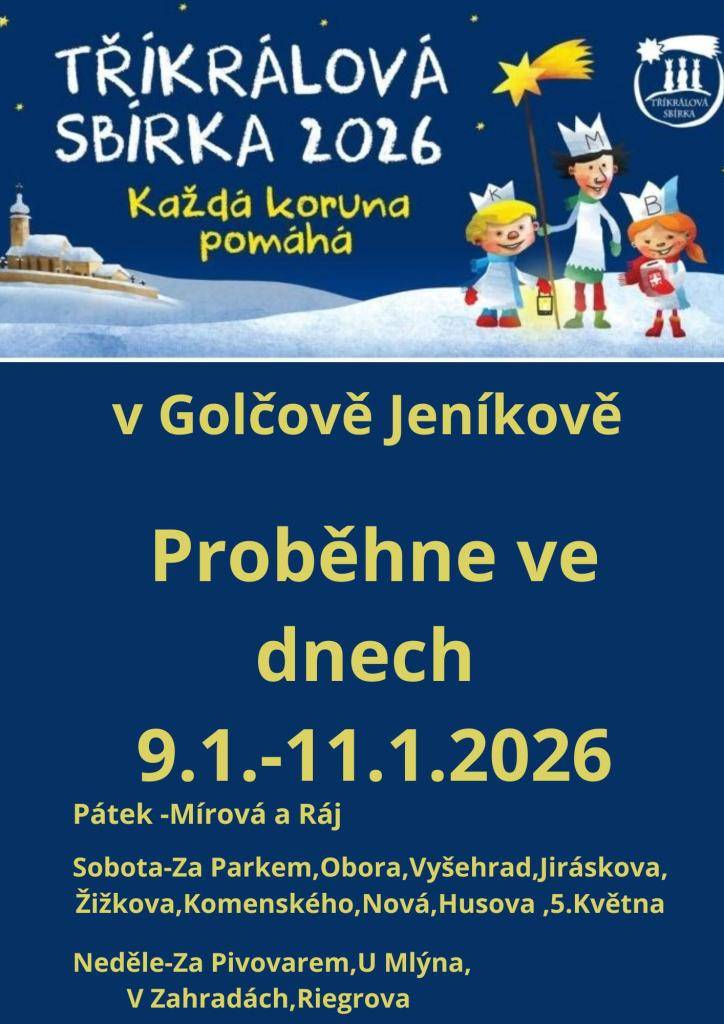 Tříkrálová sbírka 2026 u nás proběhne ve dnech 9.1. až 11.1.2026.