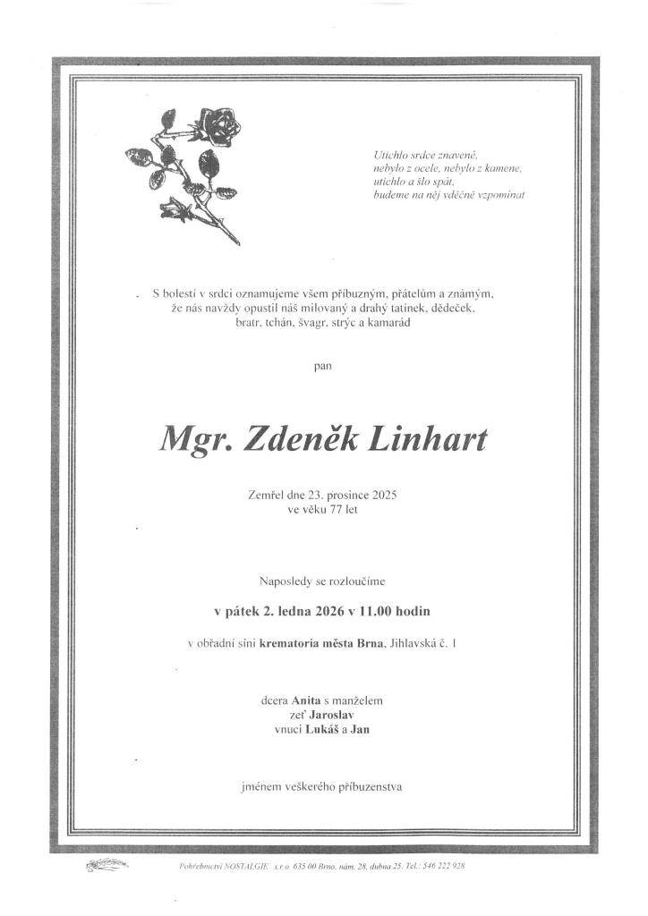 rodák ze Slavíkovic zemřel 23. prosince 2025 ve věku 77 let