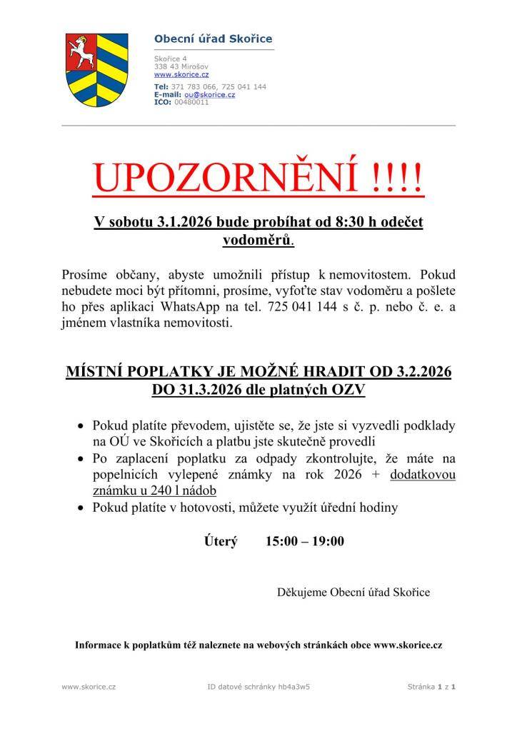 Upozornění - Místní poplatky + odečet vody