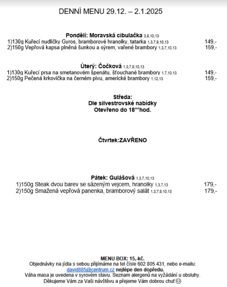 Pondělí 29.12. 2025 - pátek 2.1.2026