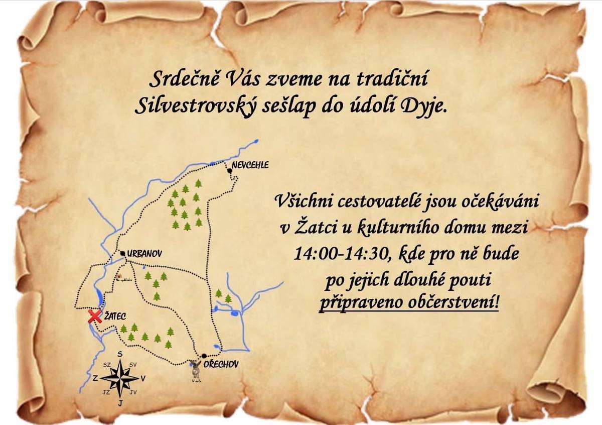 Pozvánka na Silvestrovský sešlap, začátek v Žatci od 14:00. Dle předpovědi nemá být pěkně, otužilci dají cestu pěšky nebo ve 13:15 jede autobus a dle počasí buď vystoupit v Urbanově a dojít přes vyhlídku nebo dojet busem až do Žatce. Zpět bus v 16:40, otužilci přesun zpět pěšky kdykoliv.